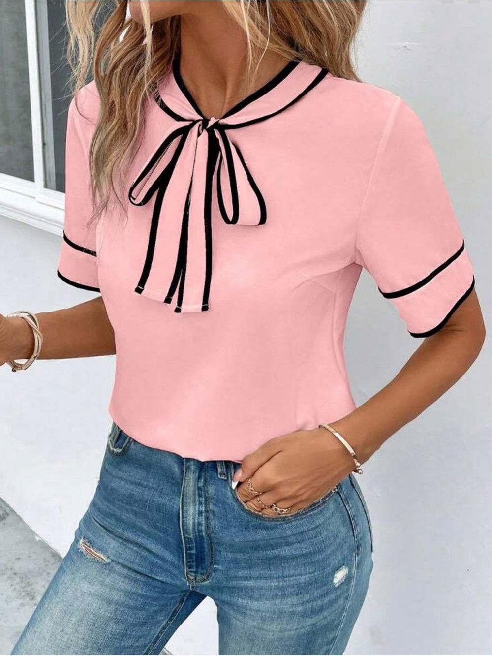 SHEIN Pink Short Sleeve Bow-Tie Trim Top